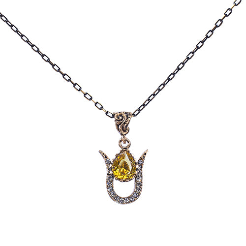 COLLIER AZNIVE EN BRONZE A PIERRE JAUNE SUR ARC SERTIE DE CRISTAUX