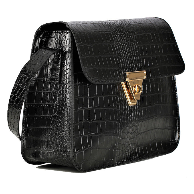 SAC A MAIN ADELYNN EN CUIR CROCO NOIR