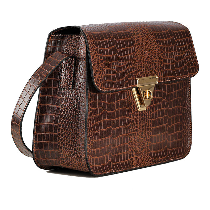 SAC A MAIN ADELYNN EN CUIR CROCO TABAC