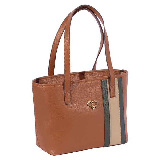 SAC A MAIN ET EPAULE KELEM EN CUIR MARRON TABAC - VERT - GRIS