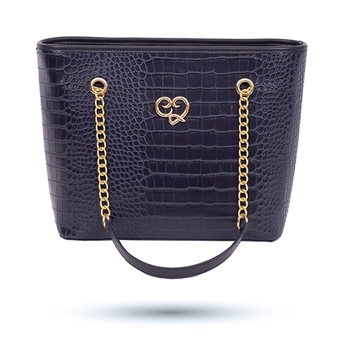 SAC A MAIN ET EPAULE UBERTHA EN CUIR CROCO BLEU MARINE