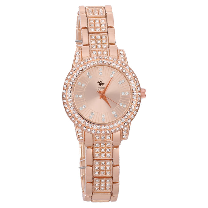 MONTRE POLO P0049 CUIVRE AUX STRASS. CAD HEXAGONE CUIVRE INT ROSE.