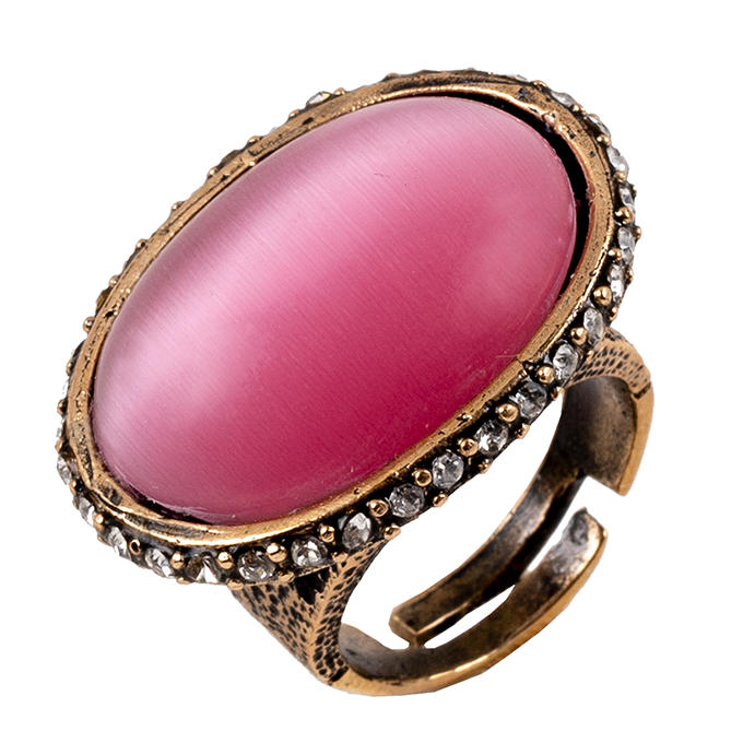 BAGUE VALERIE EN BRONZE AJUSTABLE OVALE AVEC UNE GRANDE PIERRE ROSE