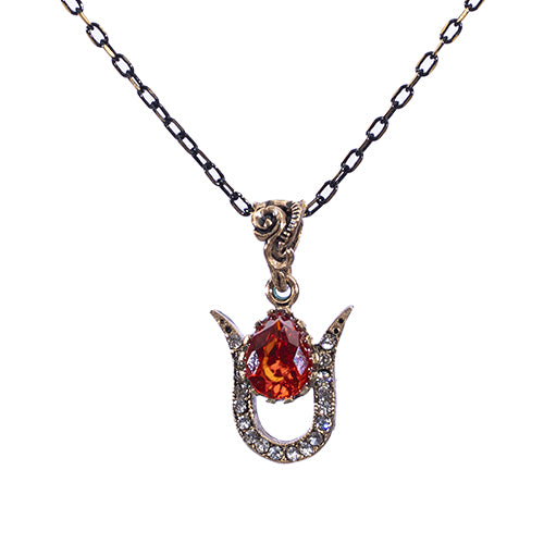 COLLIER AZNIVE EN BRONZE A PIERRE ROUGE ORANGÉ SUR ARC SERTIE DE CRISTAUX