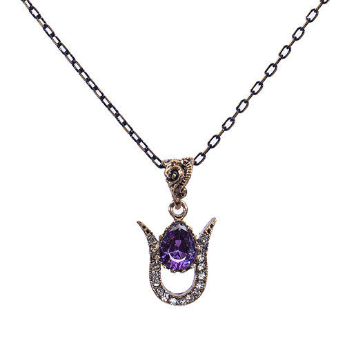 COLLIER AZNIVE EN BRONZE A PIERRE MAUVE SUR ARC SERTIE DE CRISTAUX