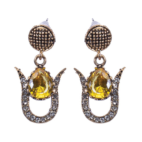 BOUCLES D'OREILLES AZNIVE EN BRONZE A PIERRE  JAUNE SUR ARC SERTIE DE CRISTAUX