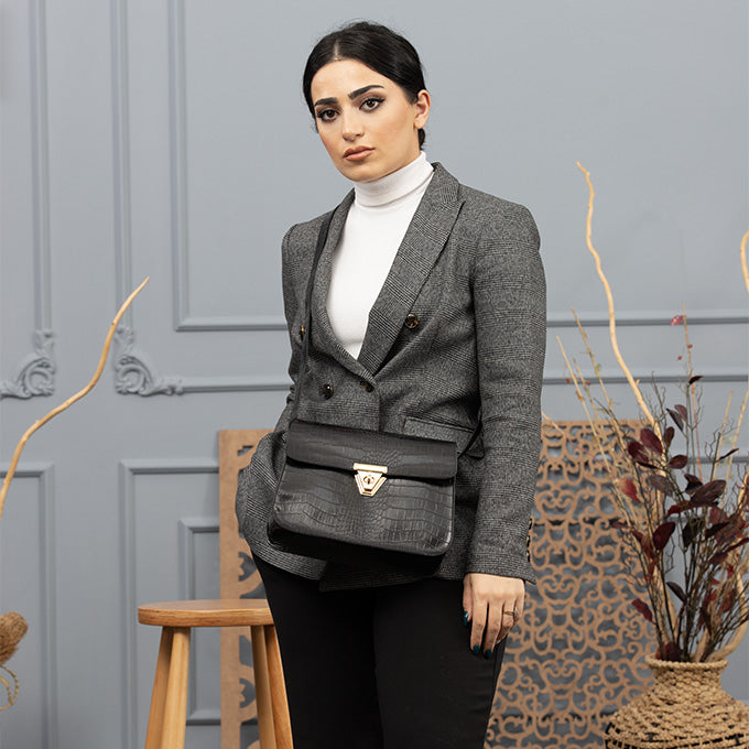 SAC A MAIN ADELYNN EN CUIR CROCO NOIR