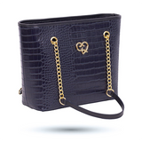 SAC A MAIN ET EPAULE UBERTHA EN CUIR CROCO BLEU MARINE