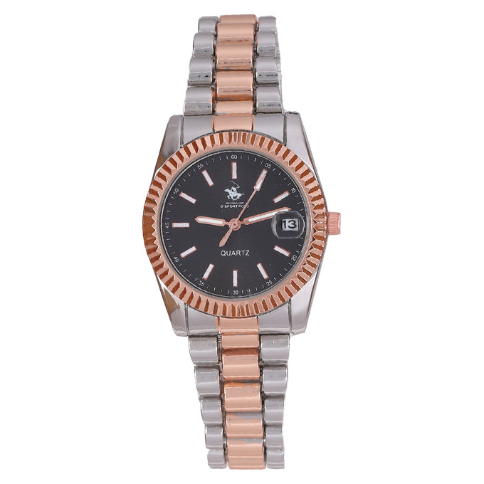 MONTRE POLO P0055 CUIVRE ARGENTE. CAD CUIVRE, INT NOIR A DATIER. GM ROLEX.